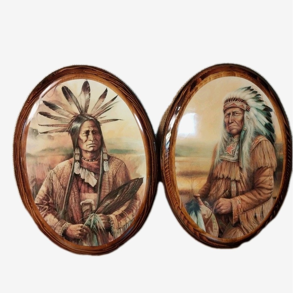 Set Of Native American Chiefs w/Headdress and Feathers Oval Wooden Wall Prints